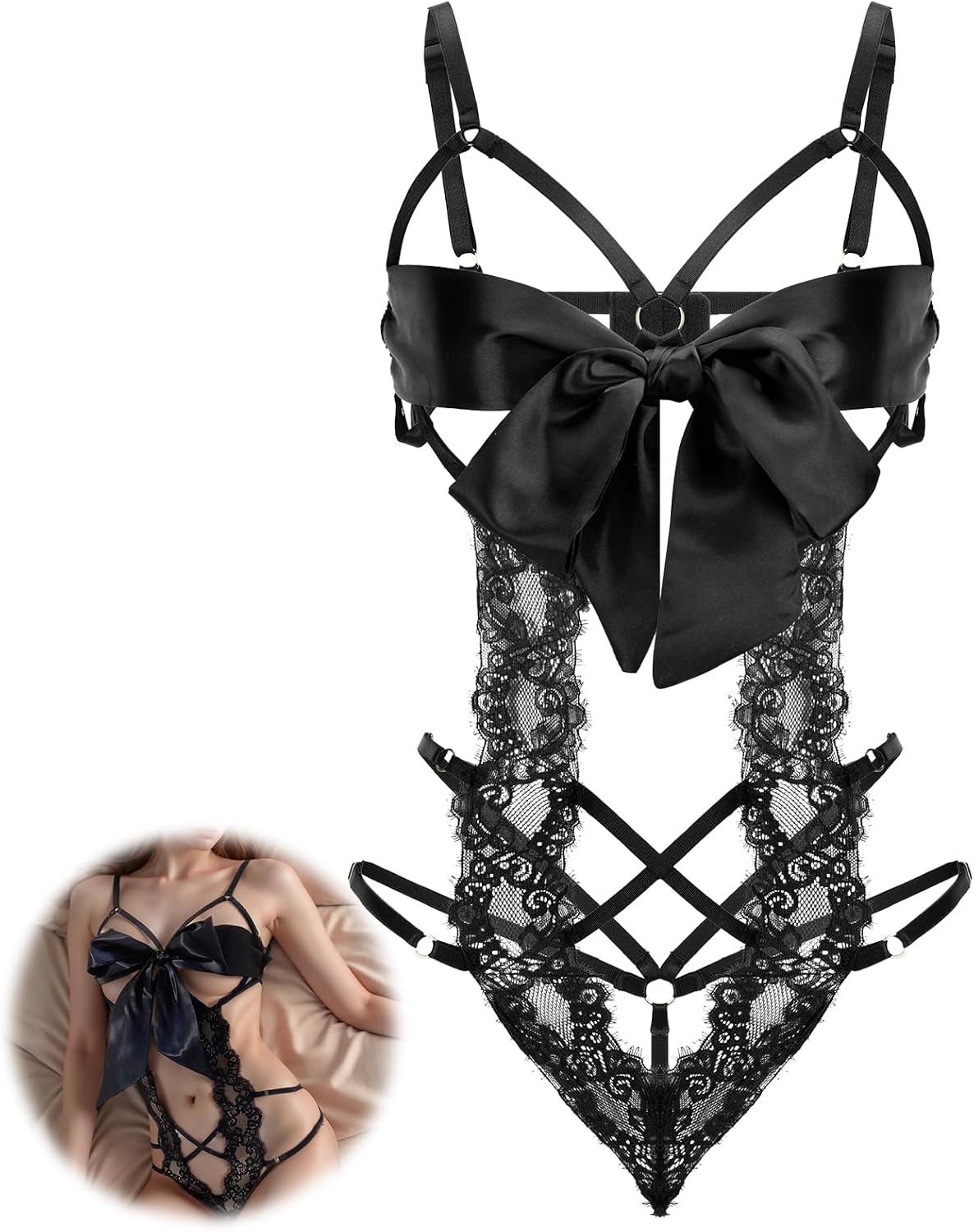 713iOjwHJ4L._AC_SL1500_.jpg Women's Sexy Lingerie for Women Lace Bodysuit with Bow Tie Cutout Design One Piece Lingerie Sets for Women Sexy - Image 1