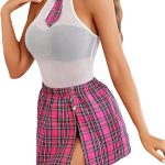 Lingerie for Women Cosplay Lingerie Set Sexy  Crotch Halter Mesh Bodysuit with Slit Mini Skirt
